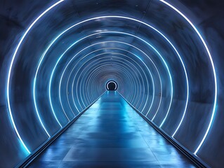 A futuristic spaceship with a tunnel-like corridor stretching forward, illuminated by ambient blue...