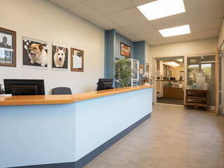 Veterinary clinic reception area with blue walls, wooden trim, and dog portraits.