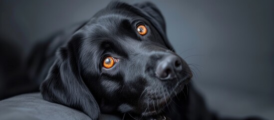 a black dog with orange eyes is laying down on a bed . High quality - Powered by Adobe