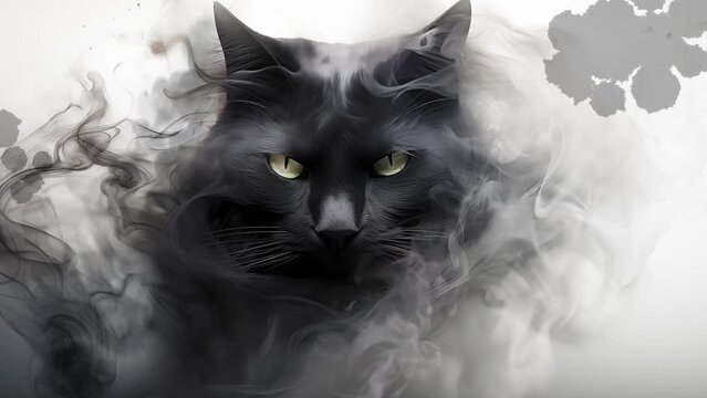 enigmatic black cat materializing through smoke. seamless looping overlay 4k virtual video animation background 