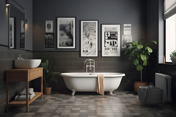 Fototapeta na wymiar Dark gray tiles, white bathtub and posters above. Health and hygiene