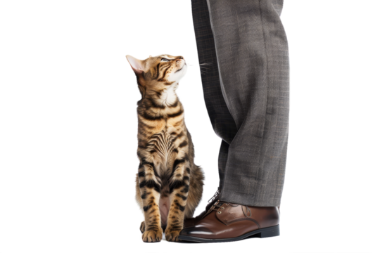 Bengal cat stopping cat dad from leaving for work. Isolated on white background.