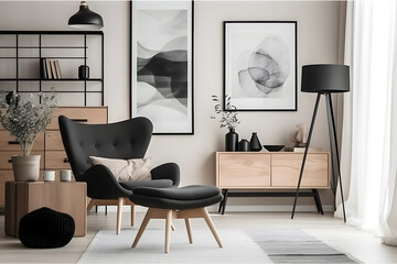 Stylish scandinavian composition of living room with design armchair, black mock up poster frame, commode, wooden stool, book, decoration, loft wall and personal accessories in modern home decor