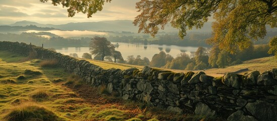 A view of an ancient stonewall standing in the middle of a field, capturing the beautiful landscape of Windermere in the early morning hours.