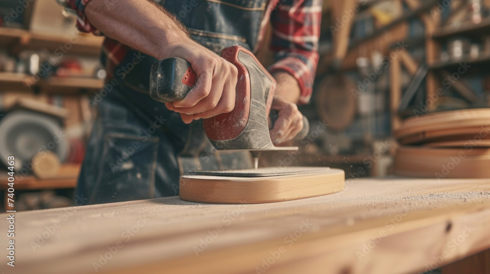 Poster closeup of a skilled diyer carefully sanding down a custombuilt floating shelf exemplifying the dedi