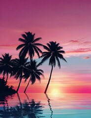 Fototapeta na wymiar Wide-format tropical sunset with radiant palm silhouettes against a gradient sky of pink and blue hues, perfect for vacation themes. Holiday background. Empty, copy space for text. Generative AI