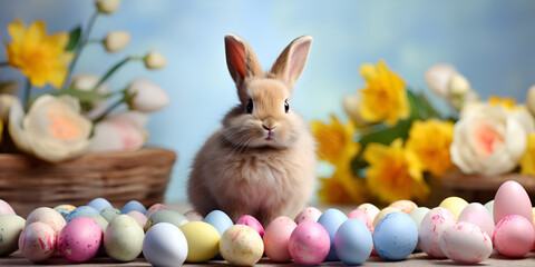  Easter background eggs and an adorable bunny creating joyful and festive d An adorable bunny rabbit sitting in a bed of yellow flowers surrounded blue background. - obrazy, fototapety, plakaty