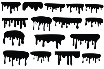 Black melt drops. Flowing liquid dripping from above. Hand drawn liquid paint drops on an isolated background. Flowing, spilling, dripping. Vector illustration EPS 10