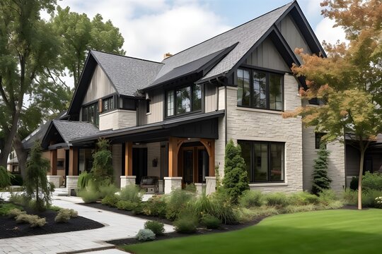 A brand new, white contemporary farmhouse with a dark shingled roof and black windows is seen in OAK PARK, IL, USA