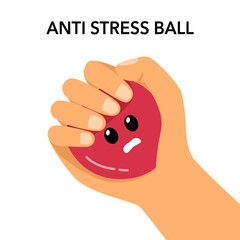 Man squeezing an antistress ball. Relax at work. Rubber ball in the fist vector illustration flat design on white background. Calm nerves.