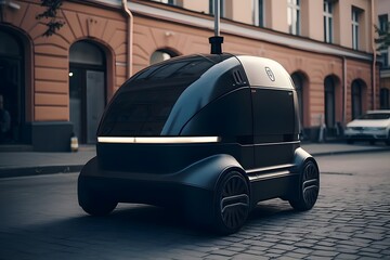 Future technology idea with an autonomous courier robot  - obrazy, fototapety, plakaty