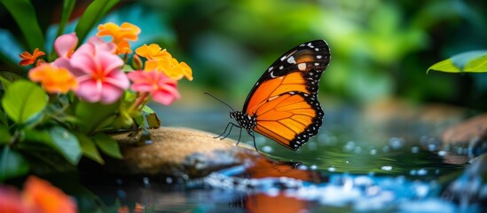 Fototapeta na wymiar A beautiful butterfly perches gracefully on a rock in a pond, among vibrant flowers. This peaceful scene showcases the role of pollinators in our natural landscape