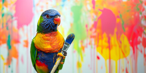 Parrot holding a paintbrush on a colorful paint drip background