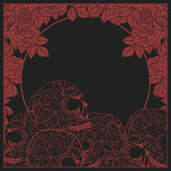 Black And  Red Colored Skull And Roses Border And Frame