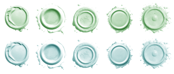 2 Collection set of pastel green turquoise blue, wax seal stamp blob ink paint on transparent background cutout, PNG file. Many different design. Mockup template artwork graphic