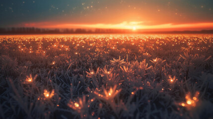 A barren field transformed into a sparkling wonderland as millions of frost particles settle and grow in intricate crystal formations.
