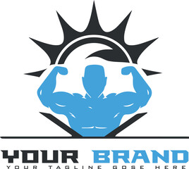 bodybuilding and sport fitness logo, label, emblem, badge or branding design