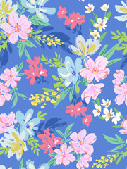 Fototapeta na wymiar ピンクとブルーの草花の手描きシームレスパターン