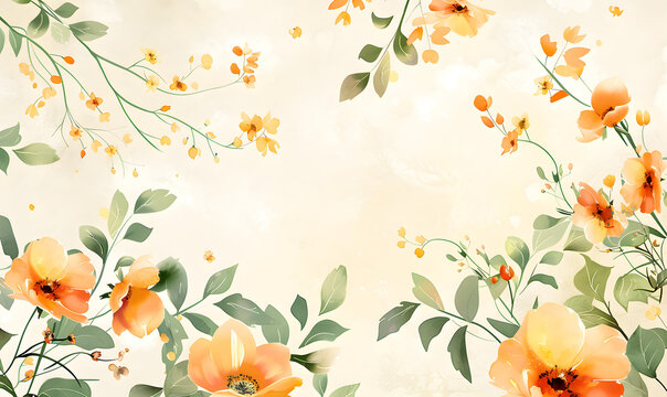 imagine a watercolor wedding frame with small green leaves and orange yellow flowers, Generative AI