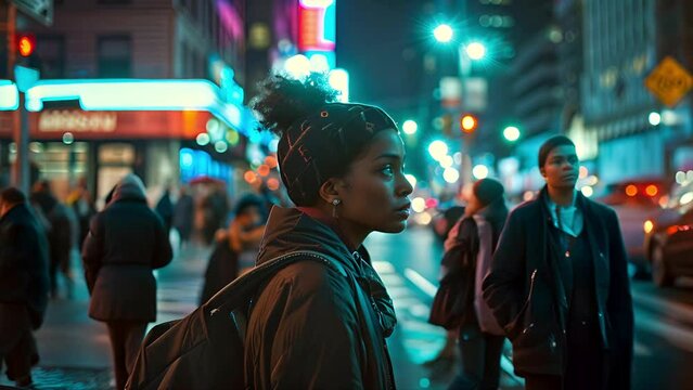 Medium shot in profile of a young African American woman standing on the street in New York City at night.