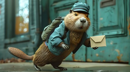 Beaver in Mail Coat and Hat Delivers Packages - obrazy, fototapety, plakaty