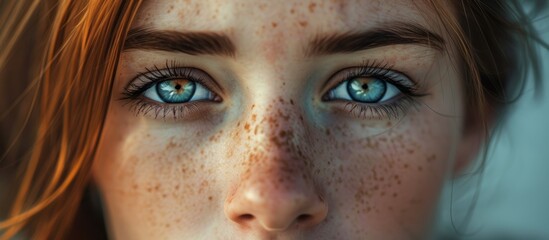 Fototapeta premium a close up of a woman s face with freckles and blue eyes . High quality
