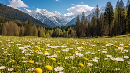 flower field in spring with mountain background