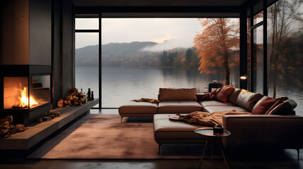 interior of a modern house, sofa and fireplace, windows overlooking the lake - obrazy, fototapety, plakaty