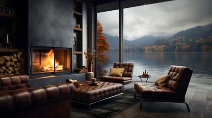 interior of a modern house, sofa and fireplace, windows overlooking the lake