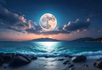 Papier Peint photo Lavable Pleine lune full moon over the sea