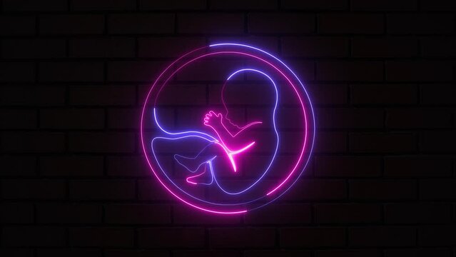 A placenta in the uterus and a futuristic child that glows blue and purple. Neon embryo child icon in line style. A human baby in the womb