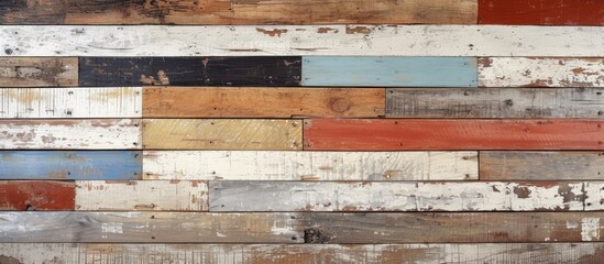 This close-up photo showcases a grunge wooden wall with a captivating fusion of different colors, creating a rustic charm.