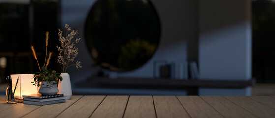 A space for showcasing your product on a wooden table with decor in a dark room at night.