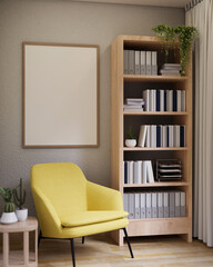 The interior design of a modern living room with a yellow armchair and decor.
