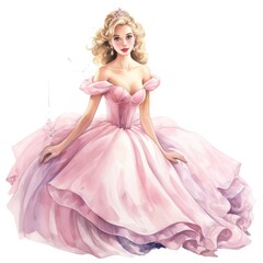 Nice princess girl with long hair in a pink fluffy dress