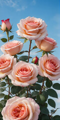 The roses are beautiful and look fresh against the view of the bright blue sky.