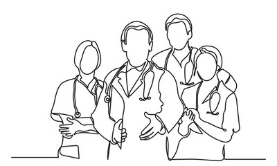 Fototapeta premium single continuous line drawing of doctors team. a group of young male and female doctors pose standing together.Medical healthcare service concept.
