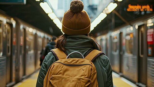 Woman wearing a beanie from behind walking through a subway station