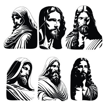 Set of Good Friday illustrations of Jesus Christ portrait for Christian religious occasion. Silhouette of black white inking drawing. Vector. Generative AI.