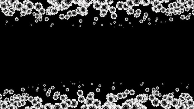 Animation of Black and white floral border with black background, great for elegant invitations, stationery, or event announcements in classic style.