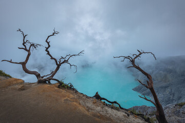 Scenic volcanic landscape and Ijen volcano crater acidic lake in Java island