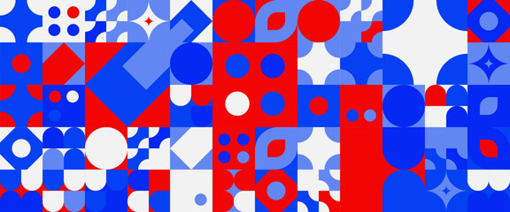 Naklejka premium Blue white and red vector modern banners with abstracts shapes geometric mosaic. For background, poster, flyer, banner, invitation, cover for book, catalog, report