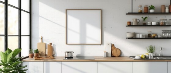Fototapeta na wymiar Frame mockup in Scandinavian kitchen interior AI