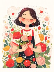 Illustration of a girl holding flowers on Women's Day, concept illustration of a woman holding a bouquet of flowers