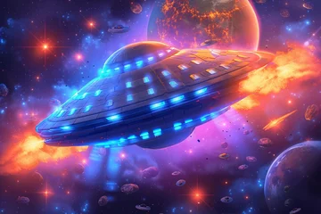 Fotobehang UFO spaceship alien craft illustration, space alien flying saucer concept illustration © lin