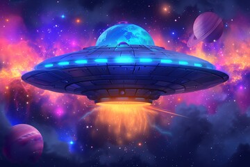 UFO spaceship alien craft illustration, space alien flying saucer concept illustration