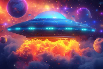 Poster UFO spaceship alien craft illustration, space alien flying saucer concept illustration © lin