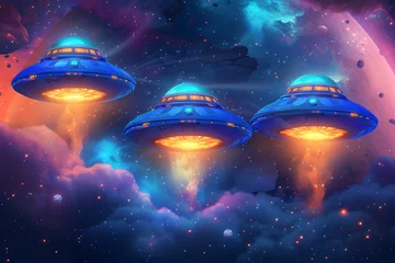 Schilderijen op glas UFO spaceship alien craft illustration, space alien flying saucer concept illustration © lin