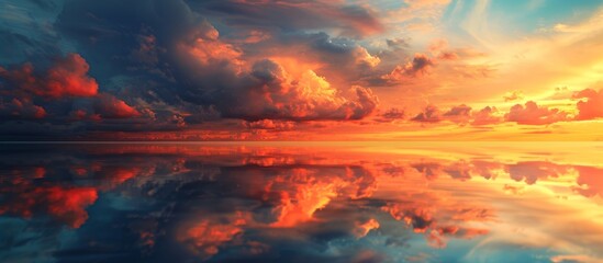 A beautiful afterglow at dusk as the red sky reflects in the calm water, with fluffy cumulus clouds creating a stunning natural landscape - obrazy, fototapety, plakaty