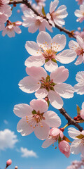 Beautiful cherry blossoms against a blue morning sky background.